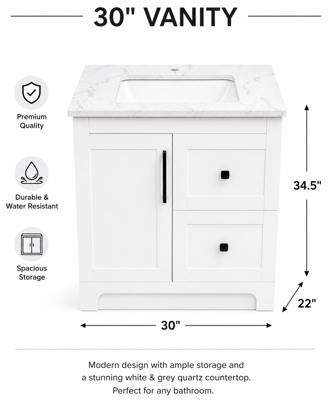 30" White HDF Bathroom Vanity with Quartz Countertop & Reversible Drawers