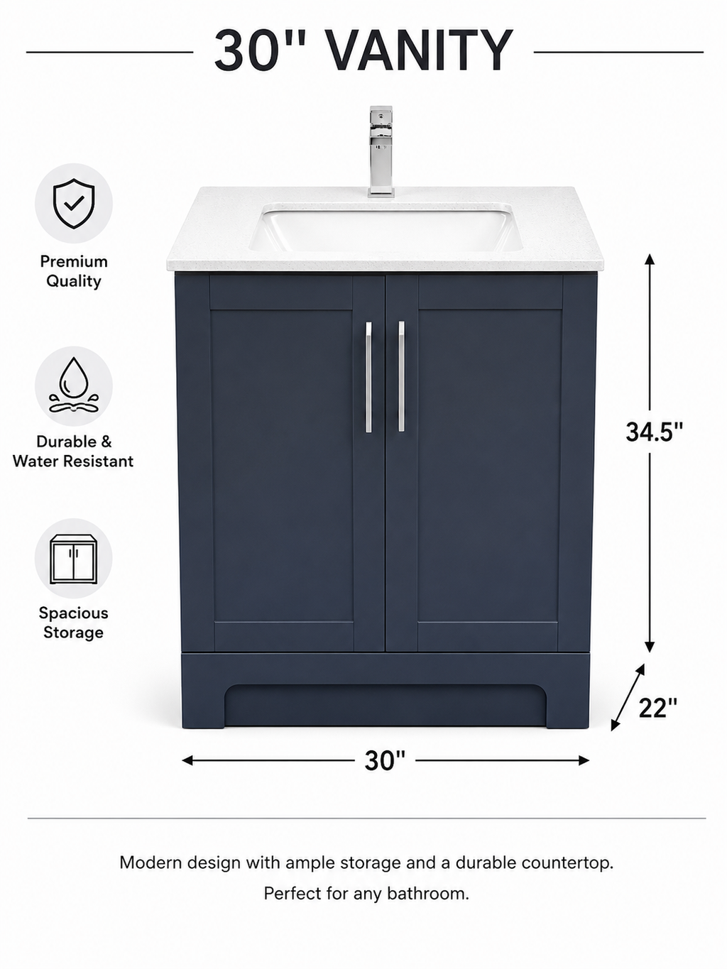 ✨ 30" HDF Bathroom Vanity with Quartz Countertop & Sink