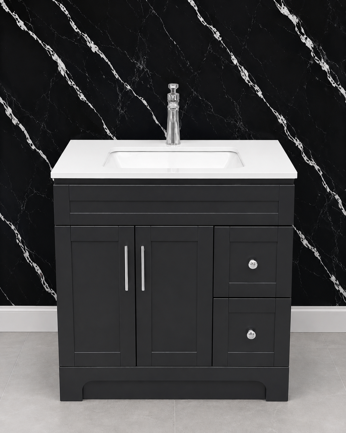 30" White HDF Bathroom Vanity with Quartz Countertop & Reversible Drawers