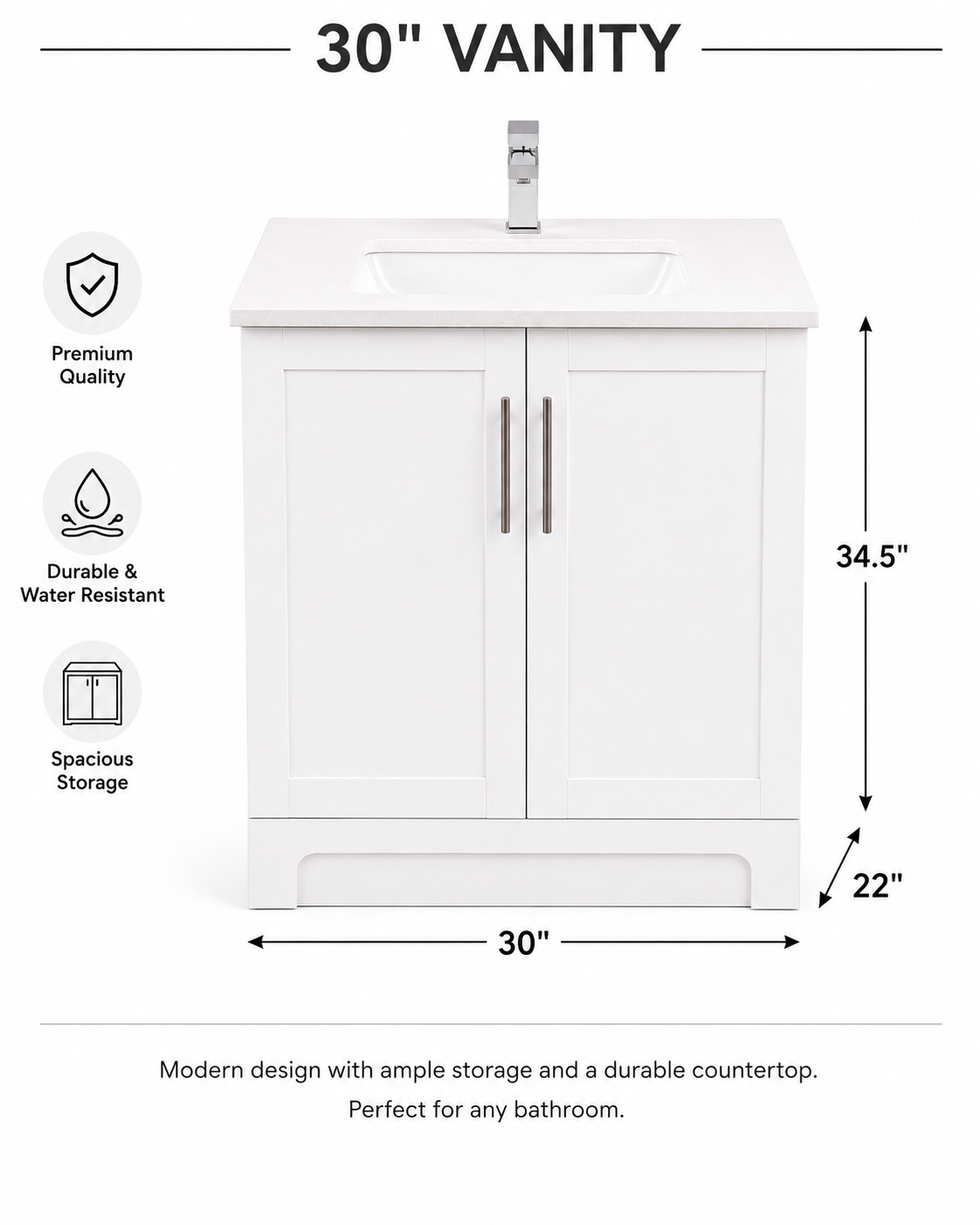 ✨ 30" HDF Bathroom Vanity with Quartz Countertop & Sink