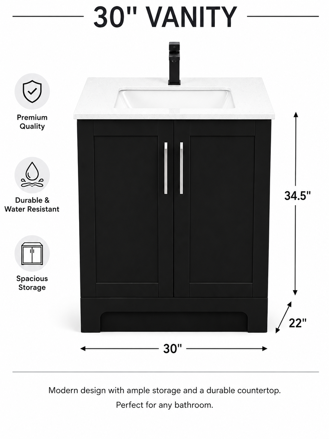 ✨ 30" HDF Bathroom Vanity with Quartz Countertop & Sink