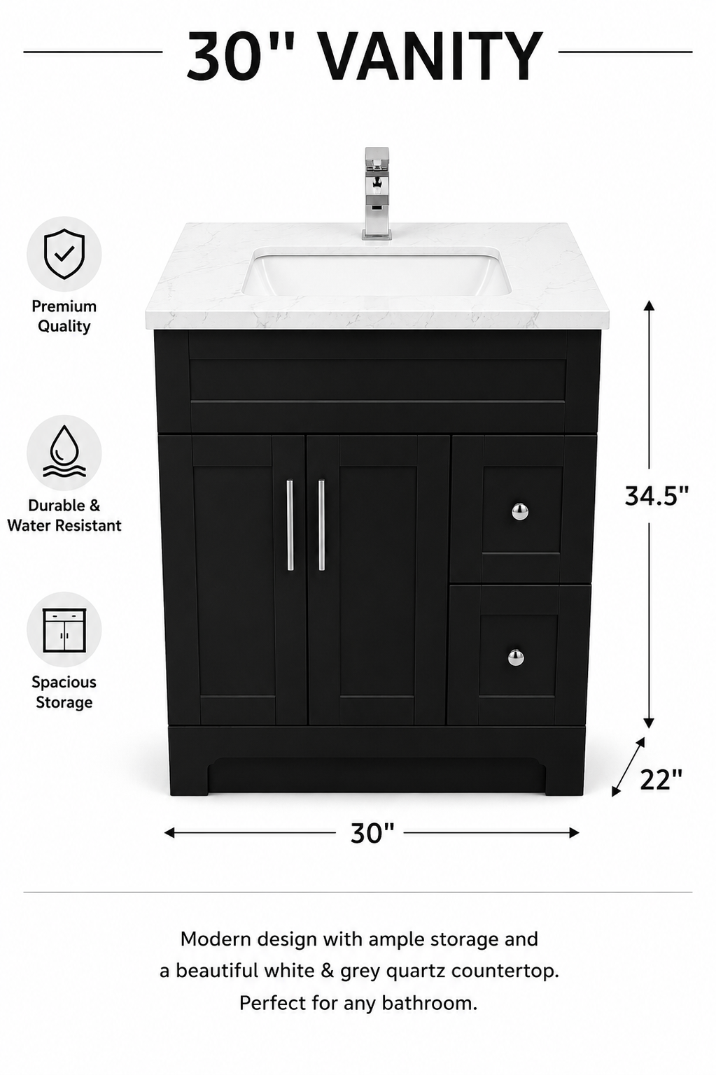 30" White HDF Bathroom Vanity with Quartz Countertop & Reversible Drawers